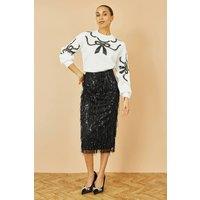 Yumi Women's Black Hanging Sequin Fitted Midi Skirt | Size: 8