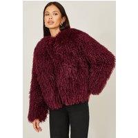 Yumi Women's Burgundy Luxe Fluffy Faux Fur Coat | Size: 16