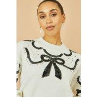 Yumi Women's White Sequinned Bow Neckline Jumper | Size: Large