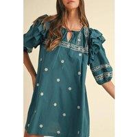 Everyday The Label Women's Skobeloff Boho Floral Ruffle Puff Sleeve Lace-up V Neck Mini Dress | Size: Large