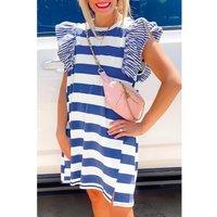Everyday The Label Women's Sky Blue Stripe Contrast Ruffled Sleeve T-Shirt Dress | Size: XL