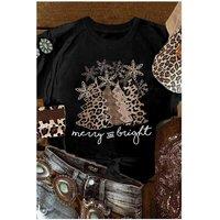 Everyday The Label Women's Black Leopard Christmas Tree Graphic Crew Neck T-Shirt | Size: XL