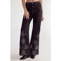 NastyGal Women's Western Studded Flare Jean in Black | Size: 6