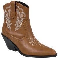 MODISHION Women's Embroidered Pointed Toe Ankle Boots with Block Heel in Camel | Size: 4