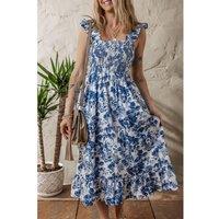 Everyday The Label Women's Blue Floral Ruffle Strap Square Neck Smocked Bodice Midi Dress | Size: Large