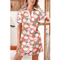 Everyday The Label Women's Fresh Salmon Floral Print Contrast Striped Trim Polo Collar T-Shirt | Size: Large