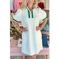 Everyday The Label Women's White Textured Jacquard Colorblock Edge Puff Sleeve Quarter Zip Mini | Size: Medium