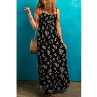 Everyday The Label Women's Black Floral Spaghetti Strap Shirred Bodice Tied Empire Waist Maxi | Size: Medium