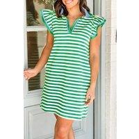 Everyday The Label Women's Green Stripe Print Contrast Collar Split Neck Flutter Sleeve Short | Size: Large
