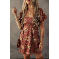 Everyday The Label Women's Red Floral Puff Sleeve Square Neck Knot Open Back Mini Dress | Size: Large