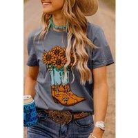 Everyday The Label Women's Gray Sunflower Cowgirl Boots Print Western Fashion T-Shirt in Grey | Size: Large