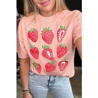 Everyday The Label Women's Pink Strawberry Fruit Pattern Graphic Tee | Size: Large