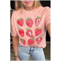 Everyday The Label Women's Pink Strawberry Fruit Pattern Graphic Tee | Size: Medium