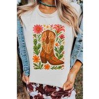 Everyday The Label Women's White Western Floral Boots Printed Casual Cotton Blend T-Shirt | Size: 24