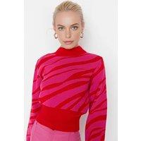 WOVCOR Women's Zebra Print High Neck Crop Knit Jumper in Pink | Size: Small