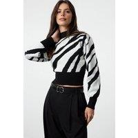 WOVCOR Women's Zebra Print High Neck Crop Knit Jumper in Black | Size: Medium