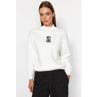 WOVCOR Women's Slogan Embroidered Funnel Neck Fleece Sweatshirt in White | Size: XS