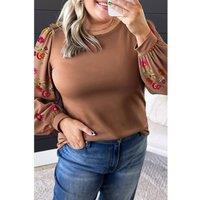 Everyday The Label Women's Brown Floral Sleeve Patchwork Round Neck Plus Blouse Blouses | Size: 4XL