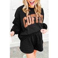 Everyday The Label Women's Black Sequined COFFEE Loose Fit Sweatshirt & Shorts Set | Size: Medium