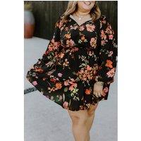 Everyday The Label Women's Black Plus Size Floral Print Tie Neck Cinched Waist Long Sleeve Mini | Size: 2XL