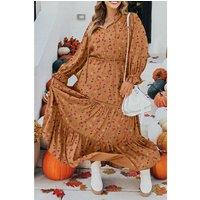Everyday The Label Women's Brown Plus Size Floral Split V Neck Ruffled Sleeve Tiered Maxi Dress | Size: 4XL