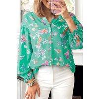 Everyday The Label Women's Green Floral Lantern Sleeve Button Front Shirt Blouses | Size: Small