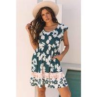 Everyday The Label Women's Floral Print Ruffle Sleeve Empire Waist Mini Dress in Green | Size: Medium