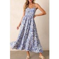 Everyday The Label Women's Sky Blue Floral Print Spaghetti Strap High Waist Maxi Dress | Size: Small