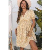 Everyday The Label Women's Yellow Floral Short Sleeve V Neck Frilly Tiered Mini Dress | Size: Large