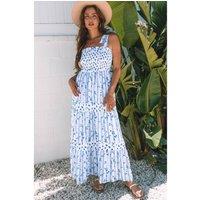 Everyday The Label Women's Sky Blue Floral Smocked Tied Straps A-Lined Tiered Maxi Dress | Size: Medium