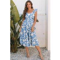Everyday The Label Women's Sky Blue Floral U Neck Flutter Shoulder Tiered Flowy Midi Dress | Size: Small