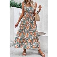Everyday The Label Women's Green Floral Print Trimmed V Neck Tie Waist Sleeveless Holiday Long | Size: XL