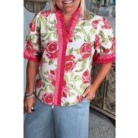 Everyday The Label Women's Rose Plus Size Floral Print Frilled Stripes Detail Short Sleeve Blouse | Size: XL