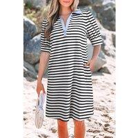 Everyday The Label Women's Black Stripe Contrast V Neck Collared Puff Sleeve T-Shirt Mini Dress | Size: XL