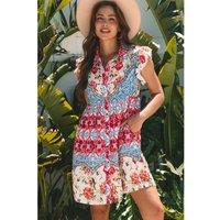 Everyday The Label Women's Rose Floral Mixed Pattern Ruffle Flutter Sleeve Buttoned Dress | Size: XL