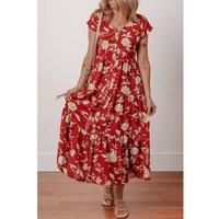 Everyday The Label Women's Red Floral Print Buttoned Front V Neck Tiered Short Sleeve Midi Dress | Size: Medium