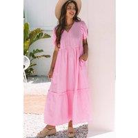 Everyday The Label Women's Pink Stripe V Neck Puff Short Sleeve Maxi Dress | Size: Small