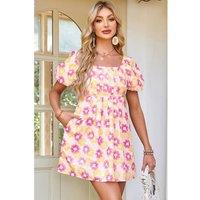 Everyday The Label Women's Rose Vibrant Floral Square Neck Puff Sleeve Pleated Flared Midi Dress | Size: Medium