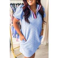 Everyday The Label Women's Beau Blue Contrast Striped Trim Zipped Stand Collar Textured Puff | Size: 4XL