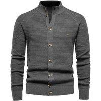 MODISHION Men's Stand-Up Collar Cardigan Sweater in Dark Grey | Size: Small