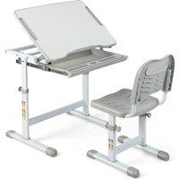 Gymax Kids Desk & Chair Set Study Table Tilting Tabletop Height Adjustable in Grey