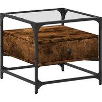 Berkfield Home Coffee Table with Glass Top Smoked Oak 50x50x45 cm Steel in Brown | Size: 50 x 50 x 45 cm