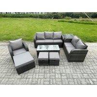 Fimous 9 Seater High Back Rattan Garden Furniture Set w/ Loveseat Sofa Rectangular Coffee Table Side Table 3 Footstools Outdoor Patio Lounge Sofa Set