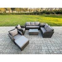 Fimous 8 Seater Rattan Wicker Garden Furniture Conservatory Sofa Set with Rectangular Coffee Table 3 Seater Sofa Love Sofa Big Footstool in Dark Grey