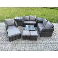 Fimous PE Rattan Garden Furniture Sets Outdoor Love Sofa Chair Set Square Coffee Table 2 Side Tables 3 Footstools in Dark Grey