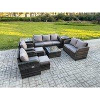 Fimous 9 Seater Garden Furniture Set Rattan Outdoor Lounge Sofa Chair With Tempered Glass Table 2 Small Footstools 2 Side Tables Dark Grey Mixed
