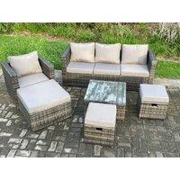 Fimous 6 PCS Outdoor Lounge Sofa Set Wicker PE Rattan Garden Furniture Set with Coffee Table 3 Small Footstools in Dark Grey