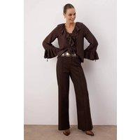 WOVCOR Women's High Waist Cut-Out Wide Leg Jeans Ribbed Detail in Brown | Size: 14