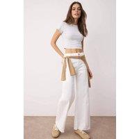 WOVCOR Women's High Waist Cut-Out Wide Leg Jeans Ribbed Detail in White | Size: 8