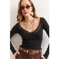 HOXTON GAL Women's Slim Fit Elegant Long Sleeve Stretch Cotton Top with Lace V-Neckline in Black | Size: Medium